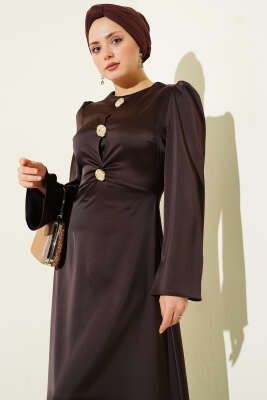 Gold Düğme Detaylı Saten Abiye Kahve - Elbise