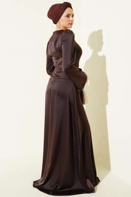 Gold Düğme Detaylı Saten Abiye Kahve - Elbise