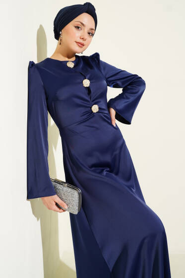 Gold Düğme Detaylı Saten Abiye Lacivert - Elbise