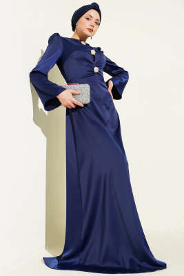 Gold Düğme Detaylı Saten Abiye Lacivert - Elbise