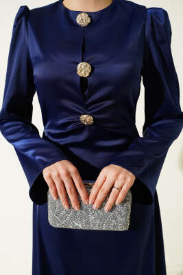 Gold Düğme Detaylı Saten Abiye Lacivert - Elbise