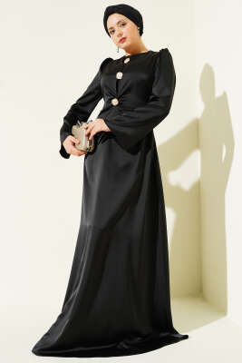 Gold Düğme Detaylı Saten Abiye Siyah - DENİZ LIFE