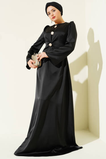 Gold Düğme Detaylı Saten Abiye Siyah - Elbise