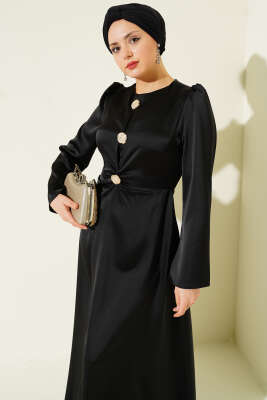 Gold Düğme Detaylı Saten Abiye Siyah - Elbise
