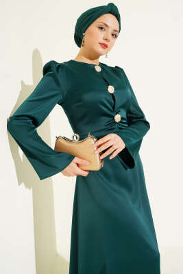 Gold Düğme Detaylı Saten Abiye Zümrüt - Elbise