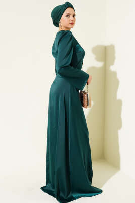 Gold Düğme Detaylı Saten Abiye Zümrüt - Elbise