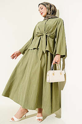 Gold Düğme Detaylı Tensel Etekli İkili Takım Çağla Yeşili 