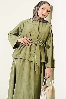 Gold Düğme Detaylı Tensel Etekli İkili Takım Çağla Yeşili - İkili Takım