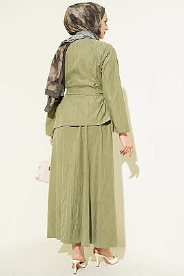 Gold Düğme Detaylı Tensel Etekli İkili Takım Çağla Yeşili - İkili Takım