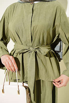 Gold Düğme Detaylı Tensel Etekli İkili Takım Çağla Yeşili - İkili Takım