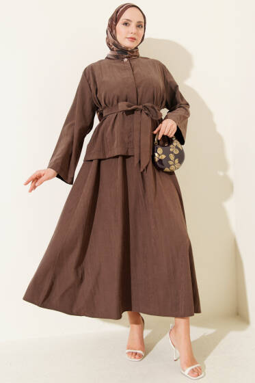 Gold Düğme Detaylı Tensel Etekli İkili Takım Kahve - İkili Takım