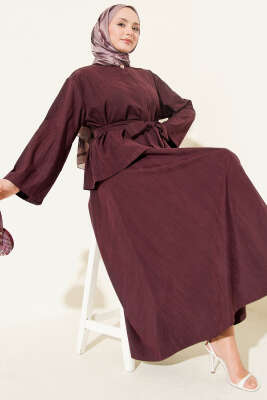 Gold Düğme Detaylı Tensel Etekli İkili Takım Mürdüm - DUFON