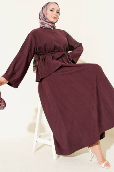 Gold Düğme Detaylı Tensel Etekli İkili Takım Mürdüm - İkili Takım