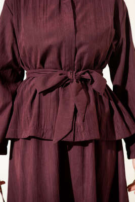 Gold Düğme Detaylı Tensel Etekli İkili Takım Mürdüm - İkili Takım