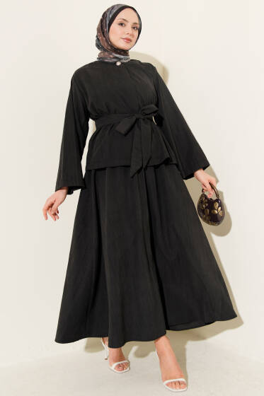 Gold Düğme Detaylı Tensel Etekli İkili Takım Siyah - İkili Takım