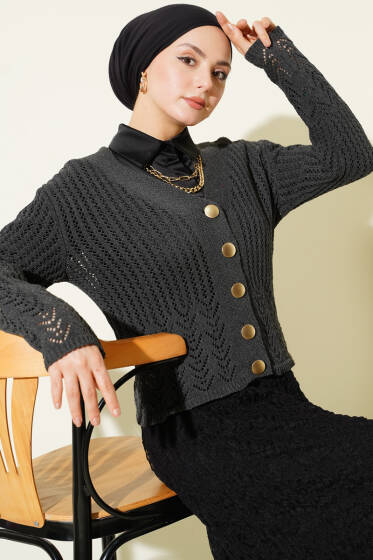 Gold Düğmeli Ajurlu Kısa Triko Hırka Antrasit - Hırka