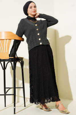 Gold Düğmeli Ajurlu Kısa Triko Hırka Antrasit - Hırka