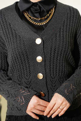 Gold Düğmeli Ajurlu Kısa Triko Hırka Antrasit - Yılın Fırsatı