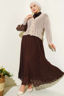 Gold Düğmeli Ajurlu Kısa Triko Hırka Bej - Hırka