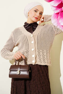 Gold Düğmeli Ajurlu Kısa Triko Hırka Bej 