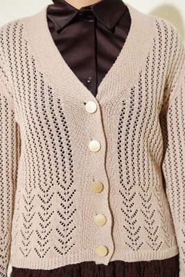 Gold Düğmeli Ajurlu Kısa Triko Hırka Bej - Yılın Fırsatı