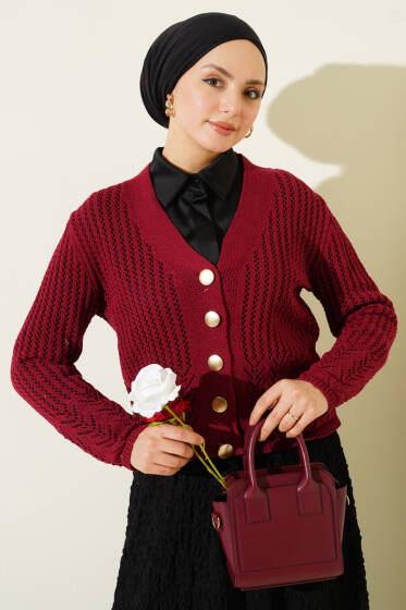 Gold Düğmeli Ajurlu Kısa Triko Hırka Bordo - Hırka