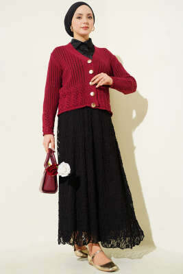 Gold Düğmeli Ajurlu Kısa Triko Hırka Bordo - Yılın Fırsatı