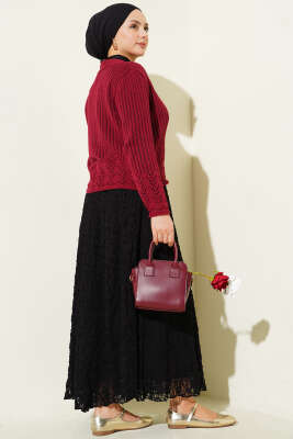 Gold Düğmeli Ajurlu Kısa Triko Hırka Bordo - Yılın Fırsatı