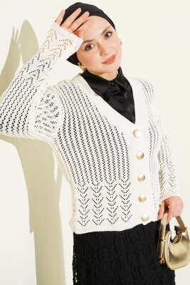 Gold Düğmeli Ajurlu Kısa Triko Hırka Ekru - RAFİMİX