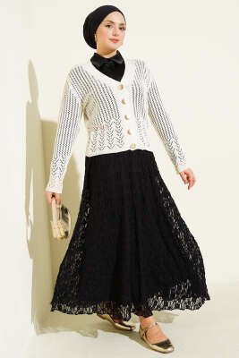 Gold Düğmeli Ajurlu Kısa Triko Hırka Ekru - Hırka