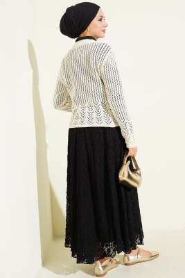 Gold Düğmeli Ajurlu Kısa Triko Hırka Ekru - Yılın Fırsatı