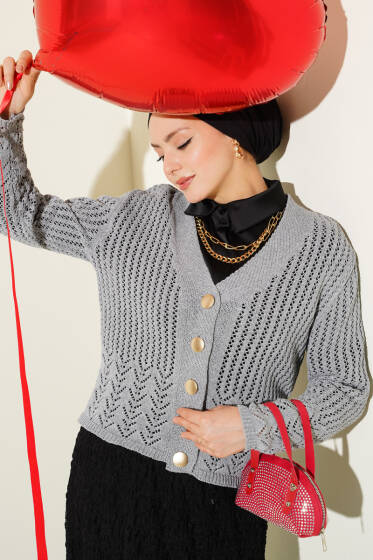 Gold Düğmeli Ajurlu Kısa Triko Hırka Gri - Hırka