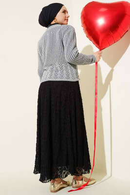 Gold Düğmeli Ajurlu Kısa Triko Hırka Gri - Hırka