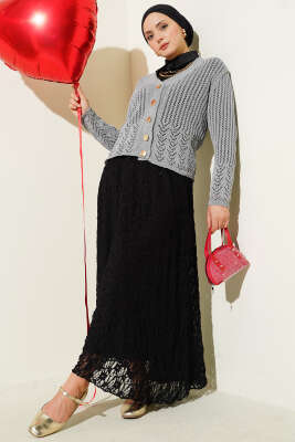 Gold Düğmeli Ajurlu Kısa Triko Hırka Gri - Yılın Fırsatı