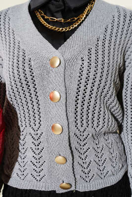 Gold Düğmeli Ajurlu Kısa Triko Hırka Gri - Yılın Fırsatı