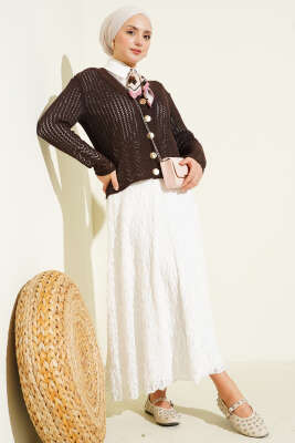 Gold Düğmeli Ajurlu Kısa Triko Hırka Kahve - Yılın Fırsatı