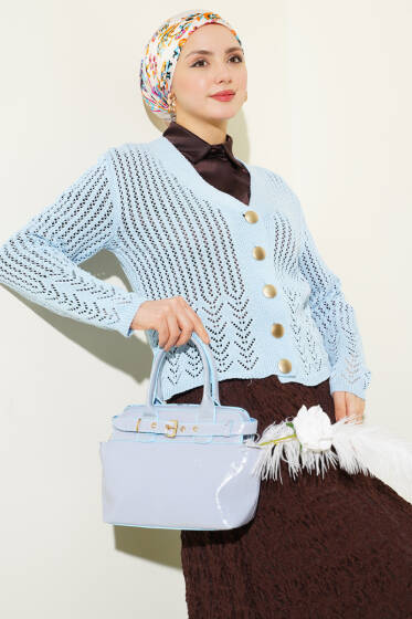 Gold Düğmeli Ajurlu Kısa Triko Hırka Mavi - Hırka