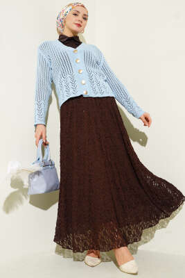 Gold Düğmeli Ajurlu Kısa Triko Hırka Mavi - Hırka