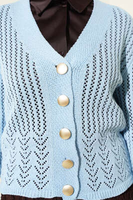 Gold Düğmeli Ajurlu Kısa Triko Hırka Mavi - Yılın Fırsatı