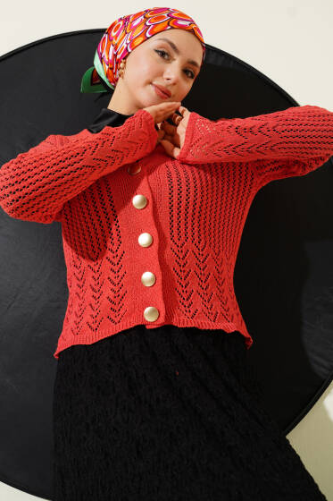 Gold Düğmeli Ajurlu Kısa Triko Hırka Mercan - Hırka