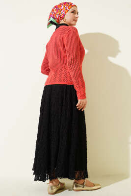 Gold Düğmeli Ajurlu Kısa Triko Hırka Mercan - Hırka