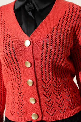 Gold Düğmeli Ajurlu Kısa Triko Hırka Mercan - Hırka