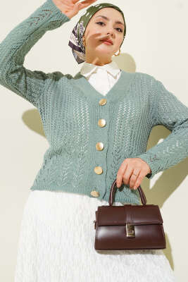 Gold Düğmeli Ajurlu Kısa Triko Hırka Mint 