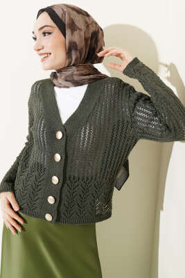 Gold Düğmeli Ajurlu Kısa Triko Hırka Nefti 