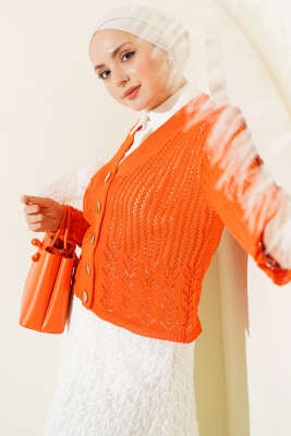 Gold Düğmeli Ajurlu Kısa Triko Hırka Oranj - RAFİMİX