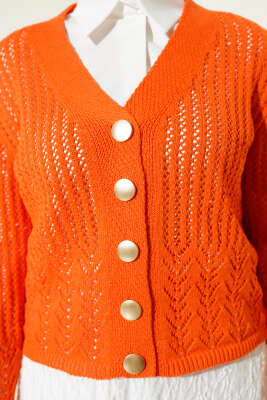 Gold Düğmeli Ajurlu Kısa Triko Hırka Oranj - Hırka