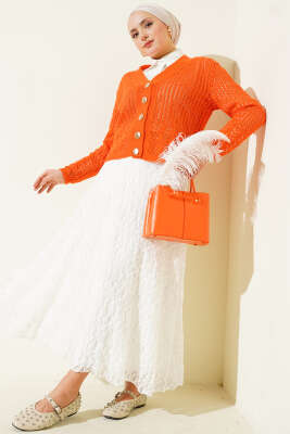 Gold Düğmeli Ajurlu Kısa Triko Hırka Oranj - Yılın Fırsatı