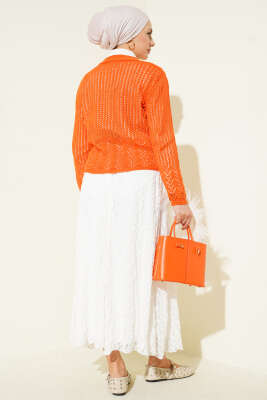 Gold Düğmeli Ajurlu Kısa Triko Hırka Oranj - Yılın Fırsatı