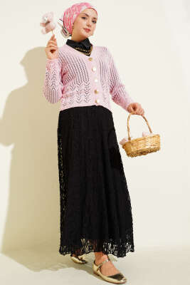 Gold Düğmeli Ajurlu Kısa Triko Hırka Pembe - Hırka