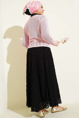 Gold Düğmeli Ajurlu Kısa Triko Hırka Pembe - Hırka